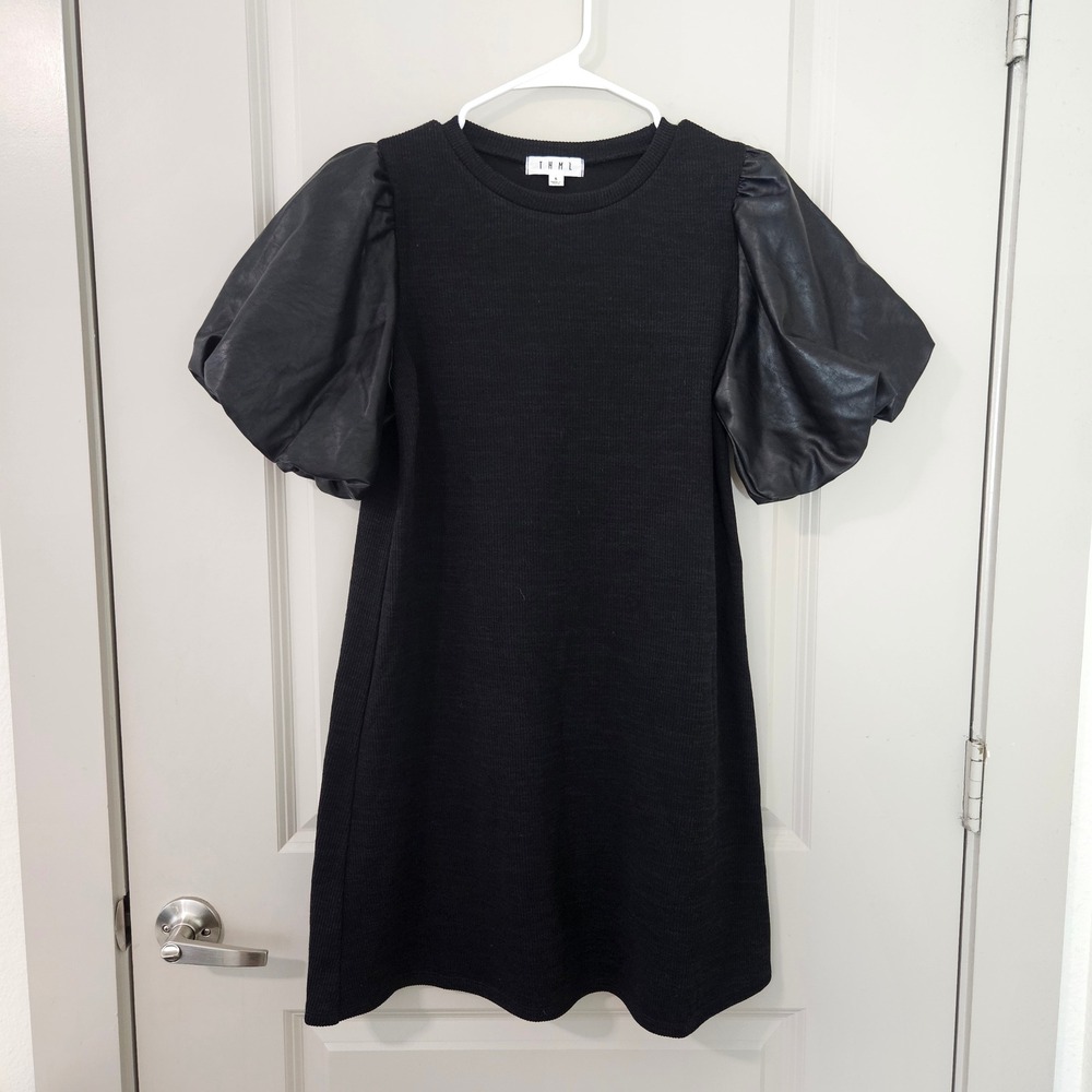 THML Womens Black Ribbed Knit Faux Leather Puff Sleeve Mini Dress Size S